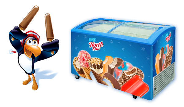 North Star branded ice cream freezer decorated with images of ice cream bars and cones, shown beside a cartoon penguin mascot holding two chocolate-covered ice cream bars