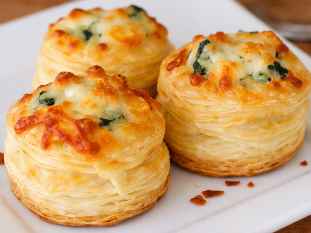 Three golden puff pastry cups topped with melted cheese and spinach on a white plate.