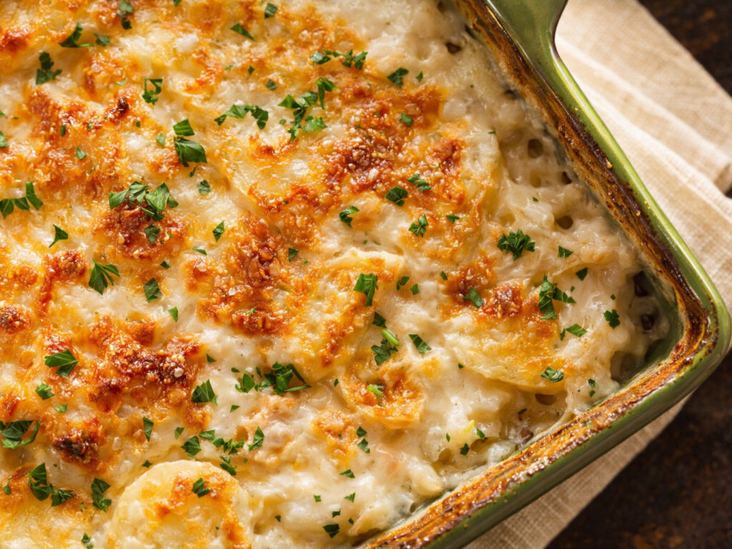 Baked scalloped potatoes in a green casserole dish, topped with browned cheese and chopped parsley.