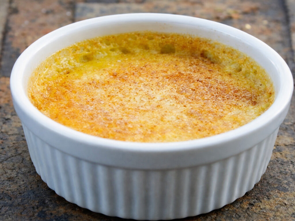 White ramekin filled with baked custard topped with cinnamon