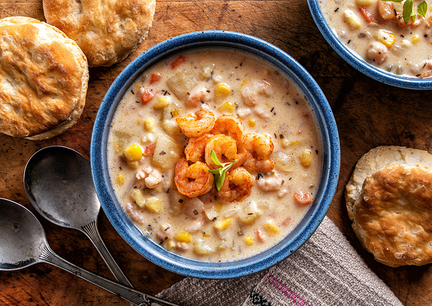 Bowl of shrimp chowder topped with shrimp, surrounded by biscuits and spoons