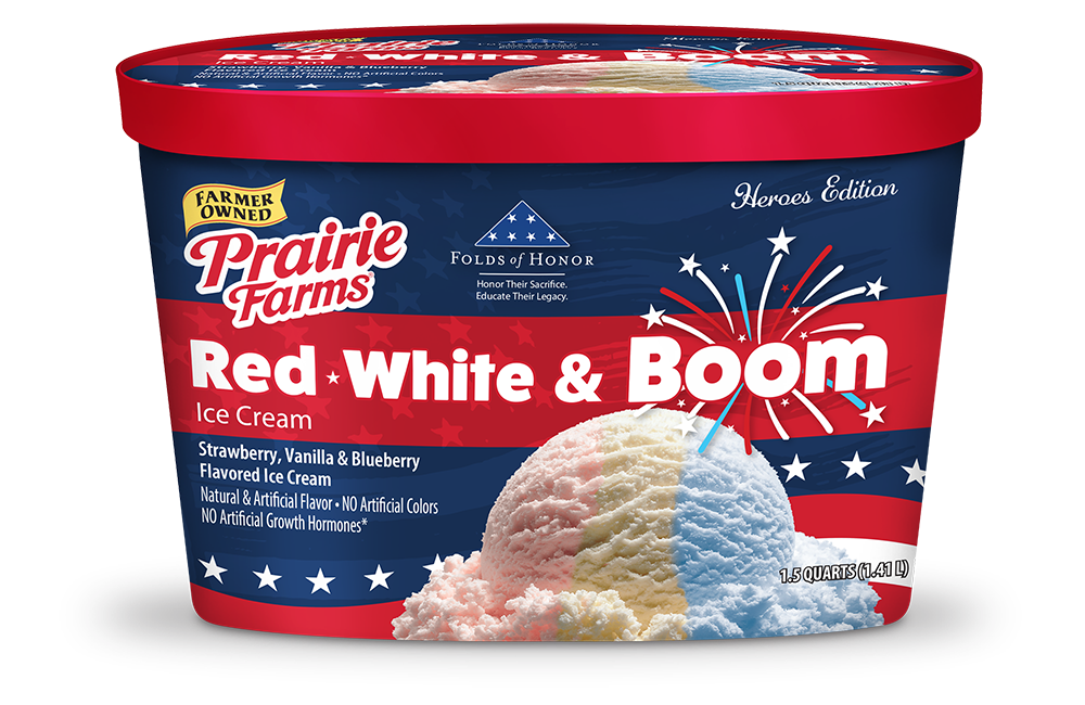 Prairie Farms Red, White & Boom Ice Cream container featuring strawberry, vanilla, and blueberry flavors with a patriotic design and fireworks graphics