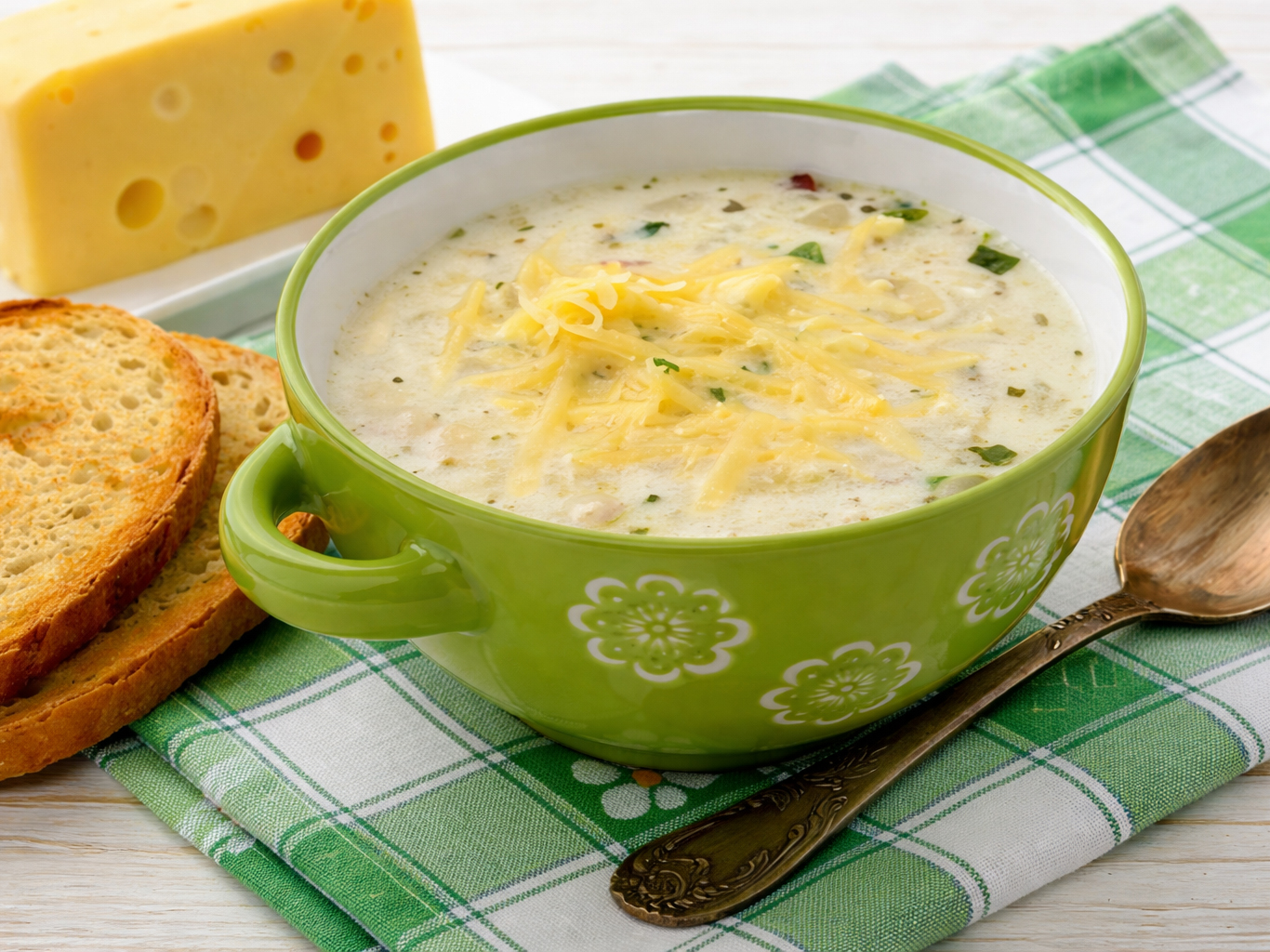 Bowl of creamy potato soup topped with shredded cheese, with bread slices and a spoon beside it.