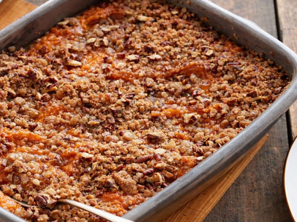 Baked sweet potato casserole topped with pecans and crumb streusel in a metal baking dish