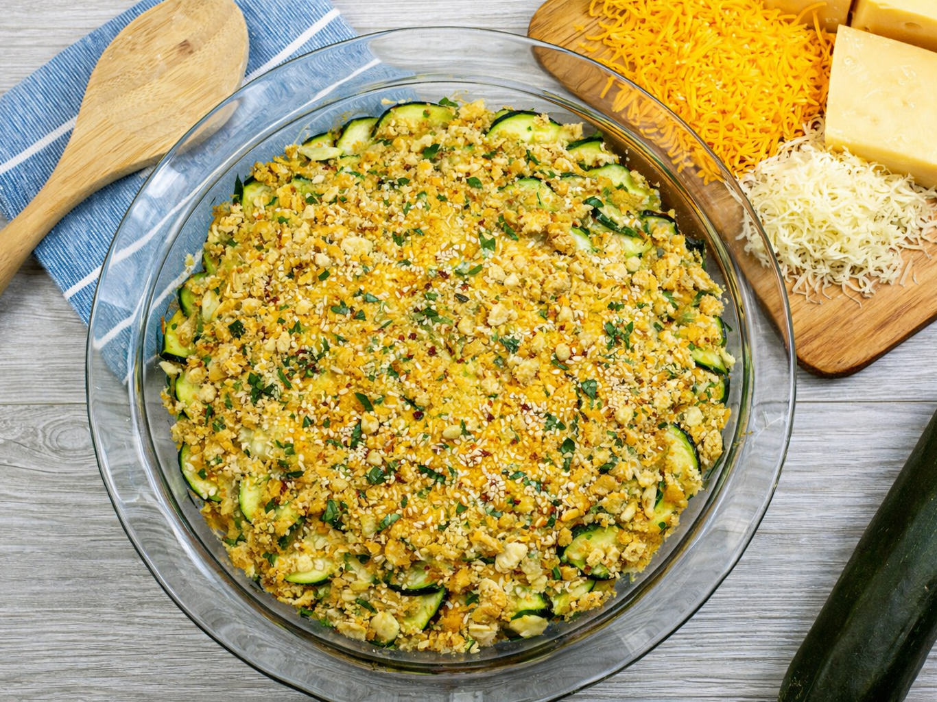 Baking dish with sliced zucchini gratin topped with breadcrumbs and sesame seeds, surrounded by cheese and a wooden spoon