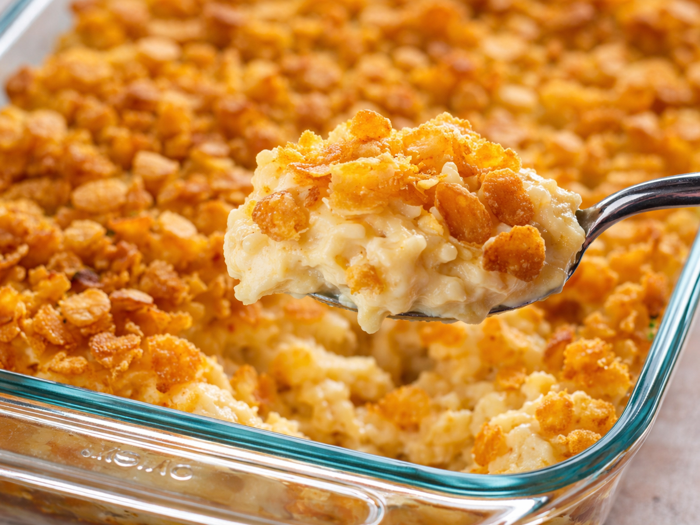 Spoonful of cheesy hash brown casserole in a glass baking dish