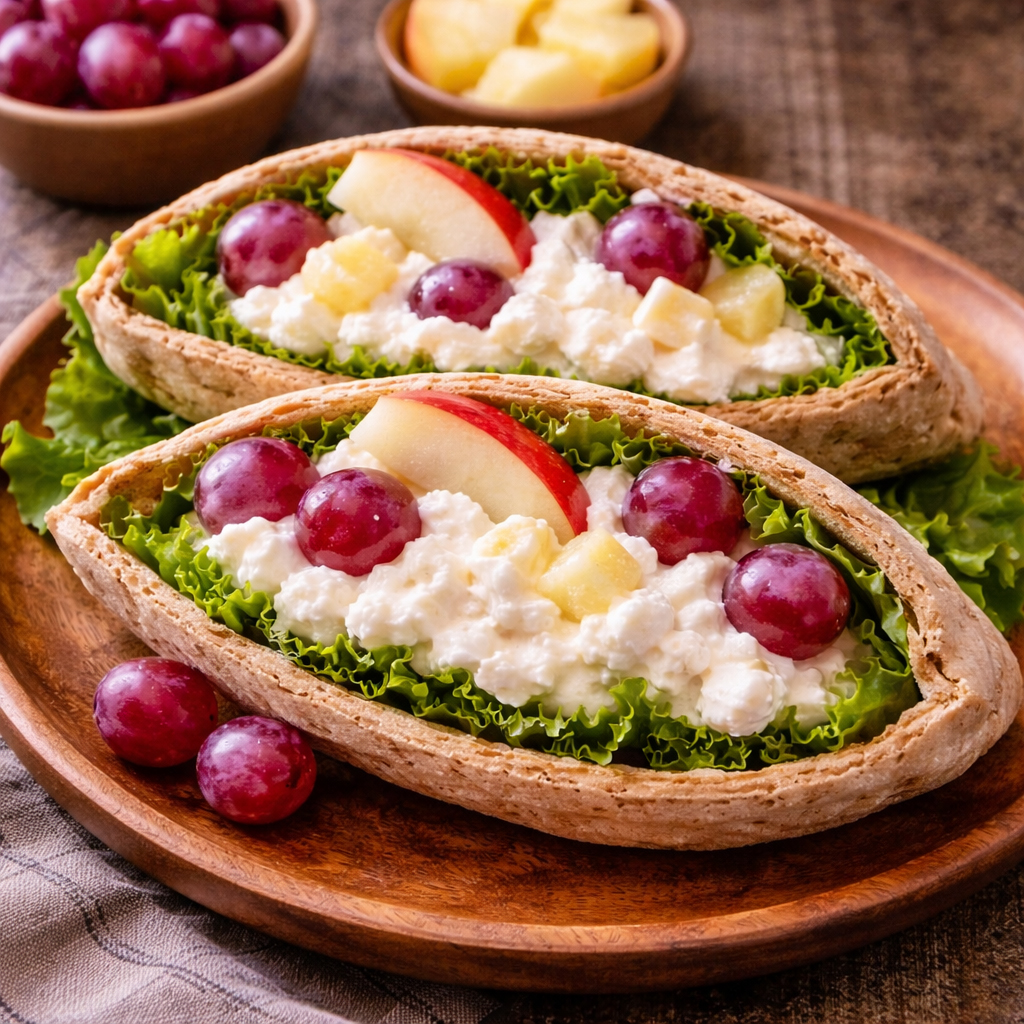 Two pita pockets filled with lettuce, cottage cheese, grapes, and apple slices on a wooden plate