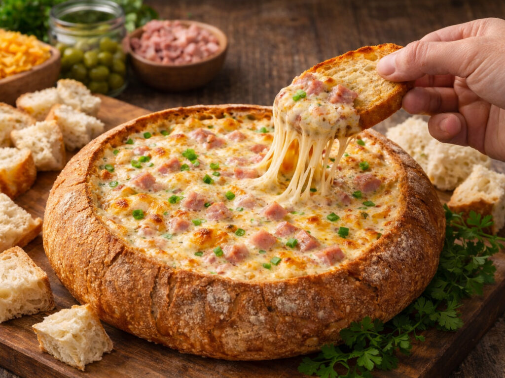 Cheesy ham dip in a bread bowl, with a hand lifting a slice of bread and melted cheese stretching