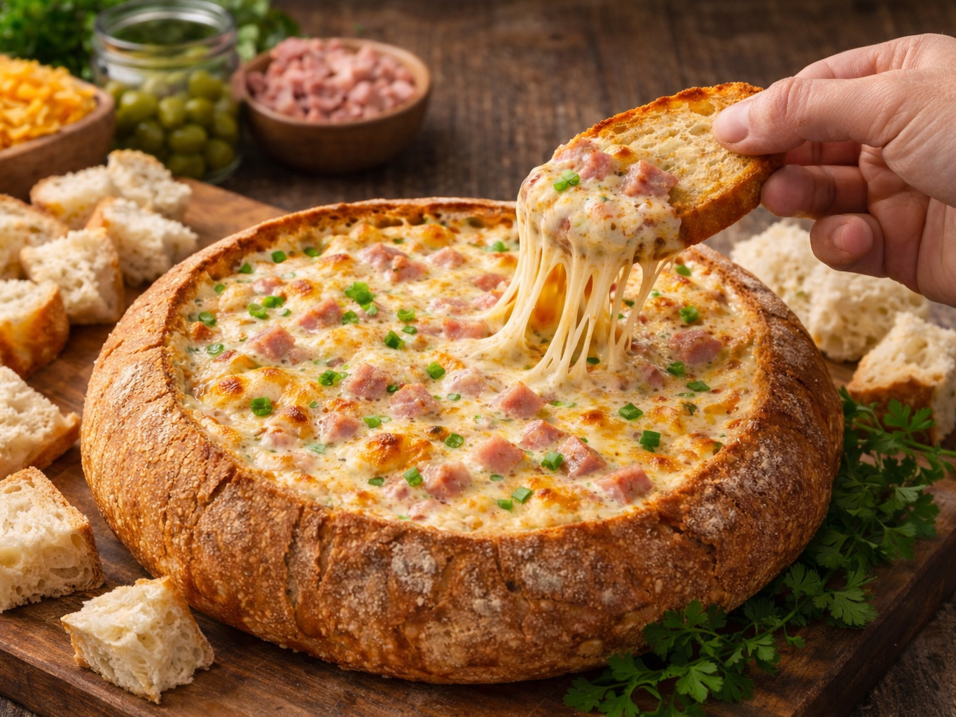 Cheesy ham dip in a bread bowl, with a hand lifting a slice of bread and melted cheese stretching