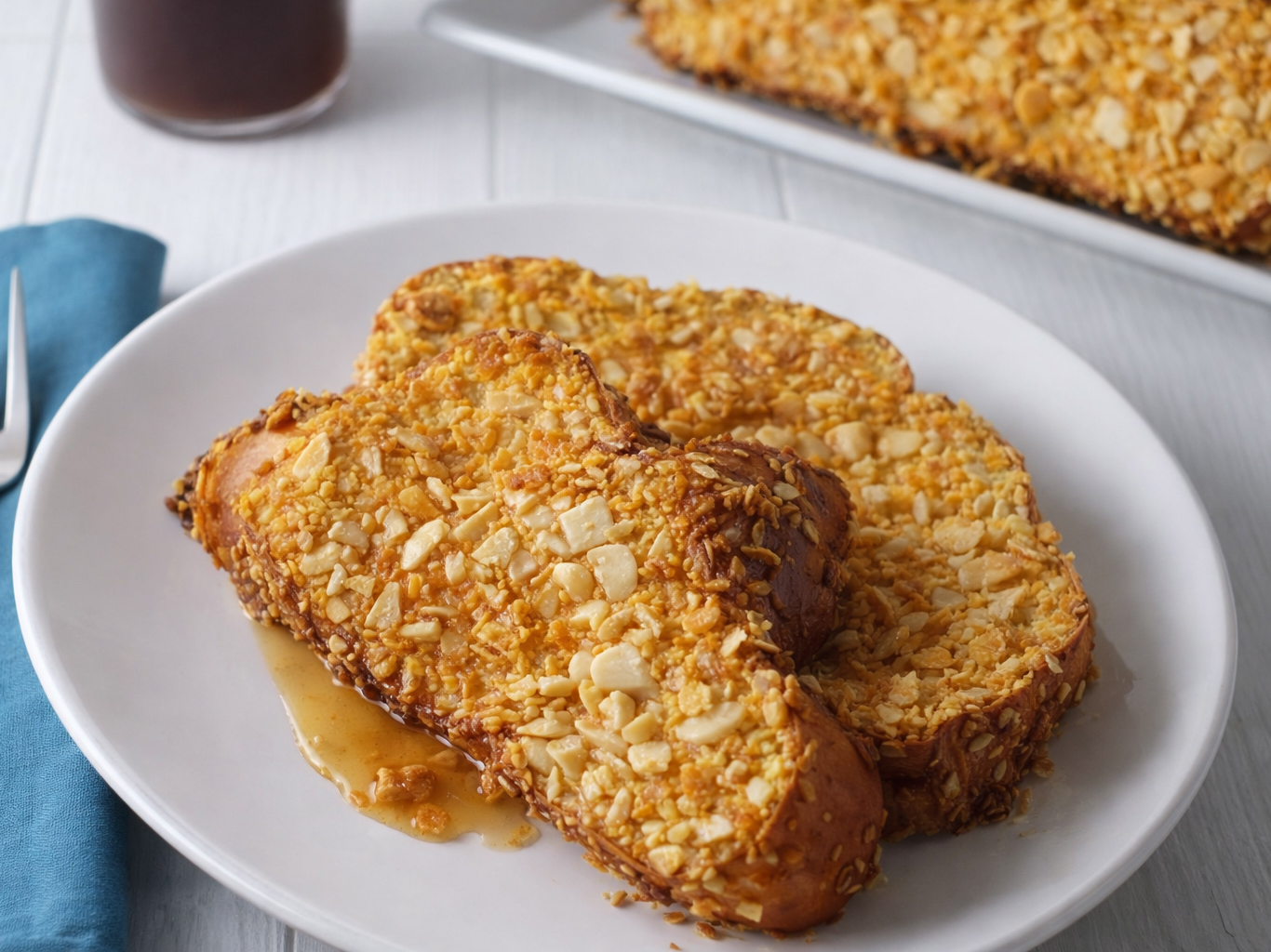 Plate of nut-crusted French toast with syrup