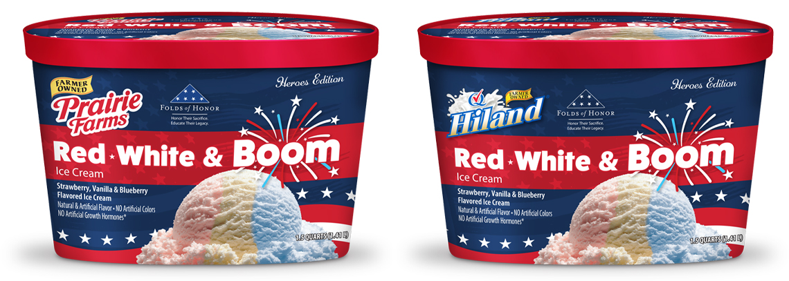 Prairie Farms and Hiland Red White & Boom ice cream containers displayed side by side with patriotic red, white, and blue packaging and tri-color ice cream scoop