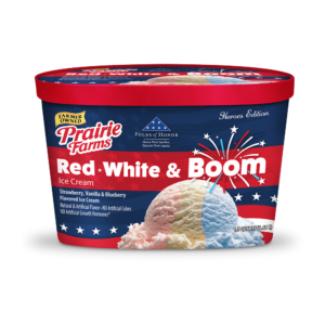 Prairie Farms Red, White & Boom Ice Cream container featuring strawberry, vanilla, and blueberry flavors with a patriotic design and fireworks graphics