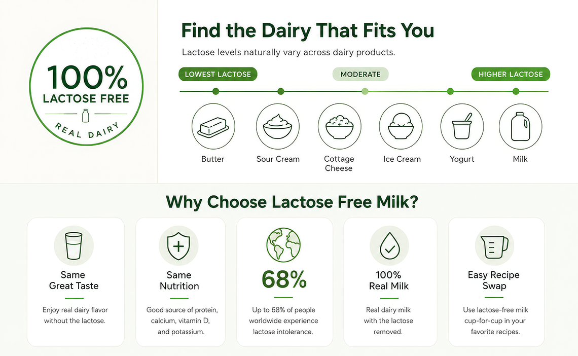 Infographic showing lactose levels across dairy products, highlighting 100% lactose free dairy and the benefits of lactose free milk, including same taste, same nutrition, 100% real milk, and easy recipe swaps.