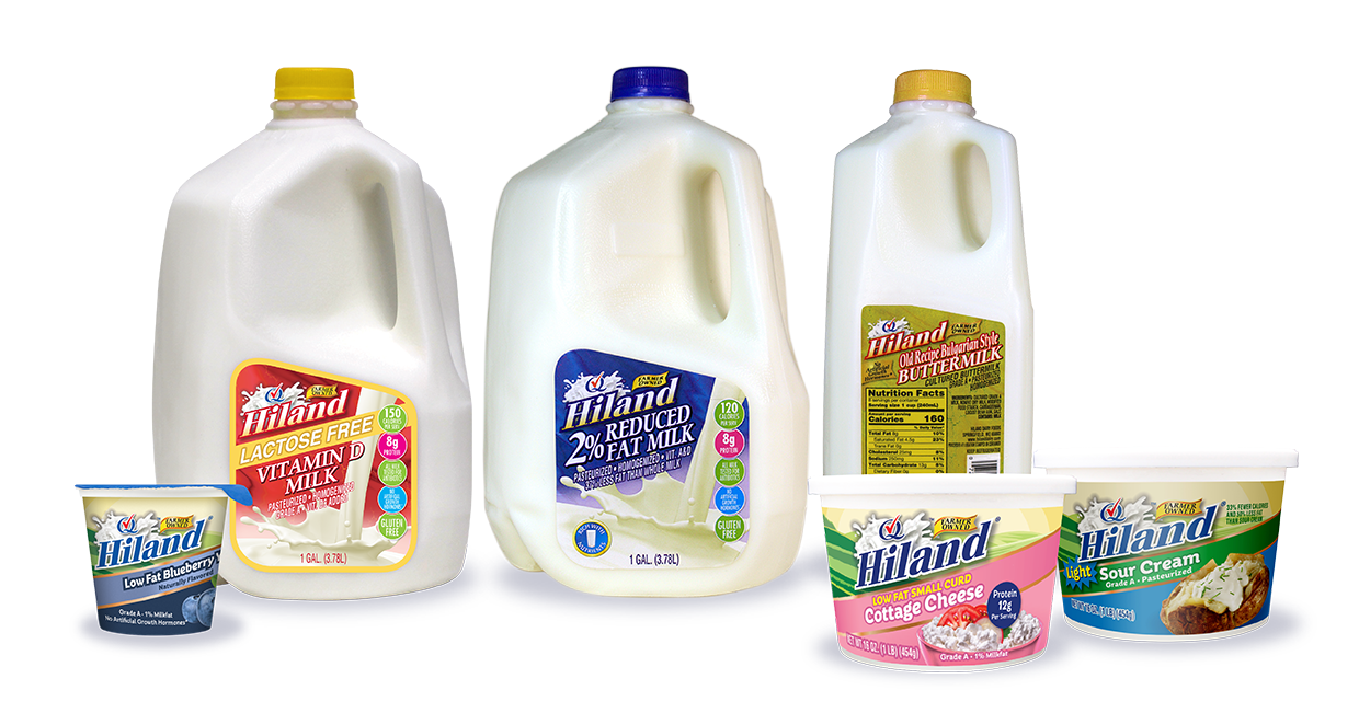 Hiland Dairy products that won first place at the 2026 World Dairy Expo: Low Fat Blueberry Yogurt, Vitamin D Milk, 2% Reduced Fat Milk, Old Recipe Bulgarian Style Buttermilk, Low Fat Small Curd Cottage Cheese, and Light Sour Cream