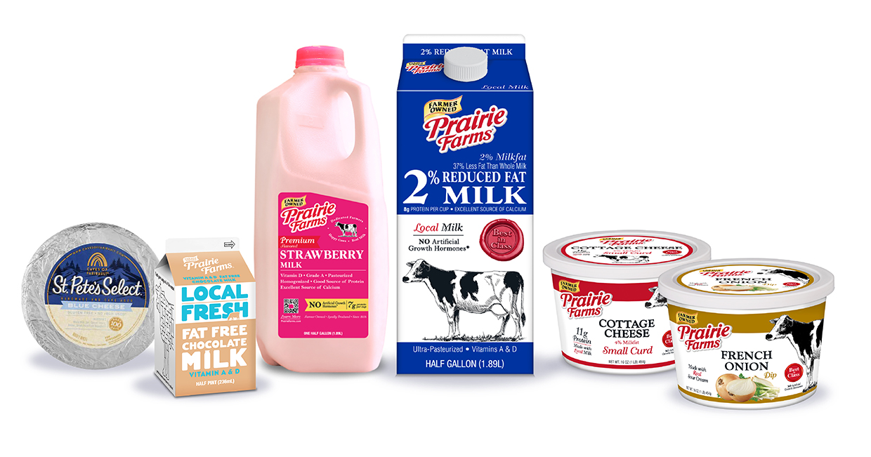 Prairie Farms products that won first place at the 2026 World Dairy Expo: St. Pete Select Blue Cheese, Fat Free Milk, Strawberry Milk, 2% Reduced Fat Milk, Small Curd Cottage Cheese and French Onion Dip