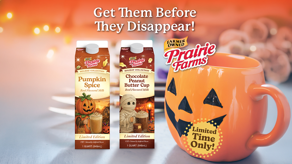 Prairie Farms Pumpkin Spice and Chocolate Peanut Butter Cup limited-edition milk cartons beside a pumpkin-shaped mug with the message “Get Them Before They Disappear!”