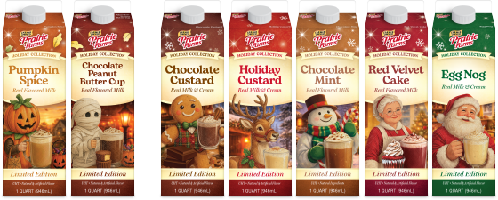 Prairie Farms limited-edition seasonal milk and ice cream cartons featuring Pumpkin Spice, Chocolate Peanut Butter Cup, Chocolate Custard, Holiday Custard, Chocolate Mint, Red Velvet Cake, and Egg Nog flavors.