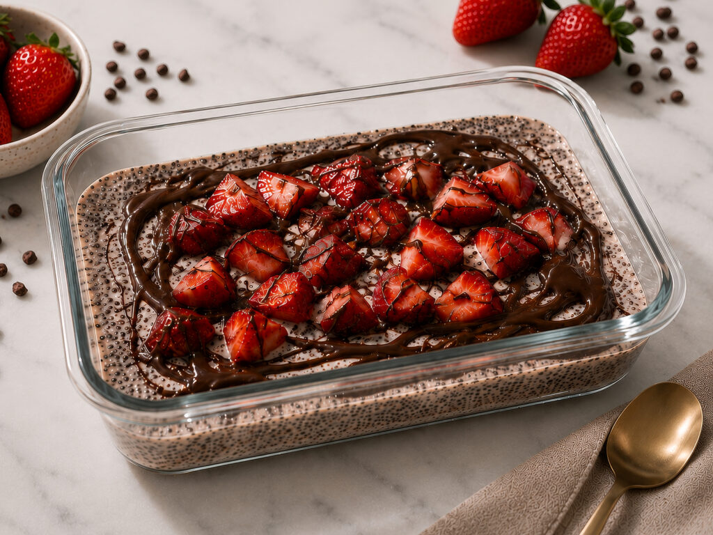 Chocolate-covered strawberry chia pudding topped with sliced strawberries and drizzled chocolate in a glass dish, with fresh strawberries and chocolate chips nearby.