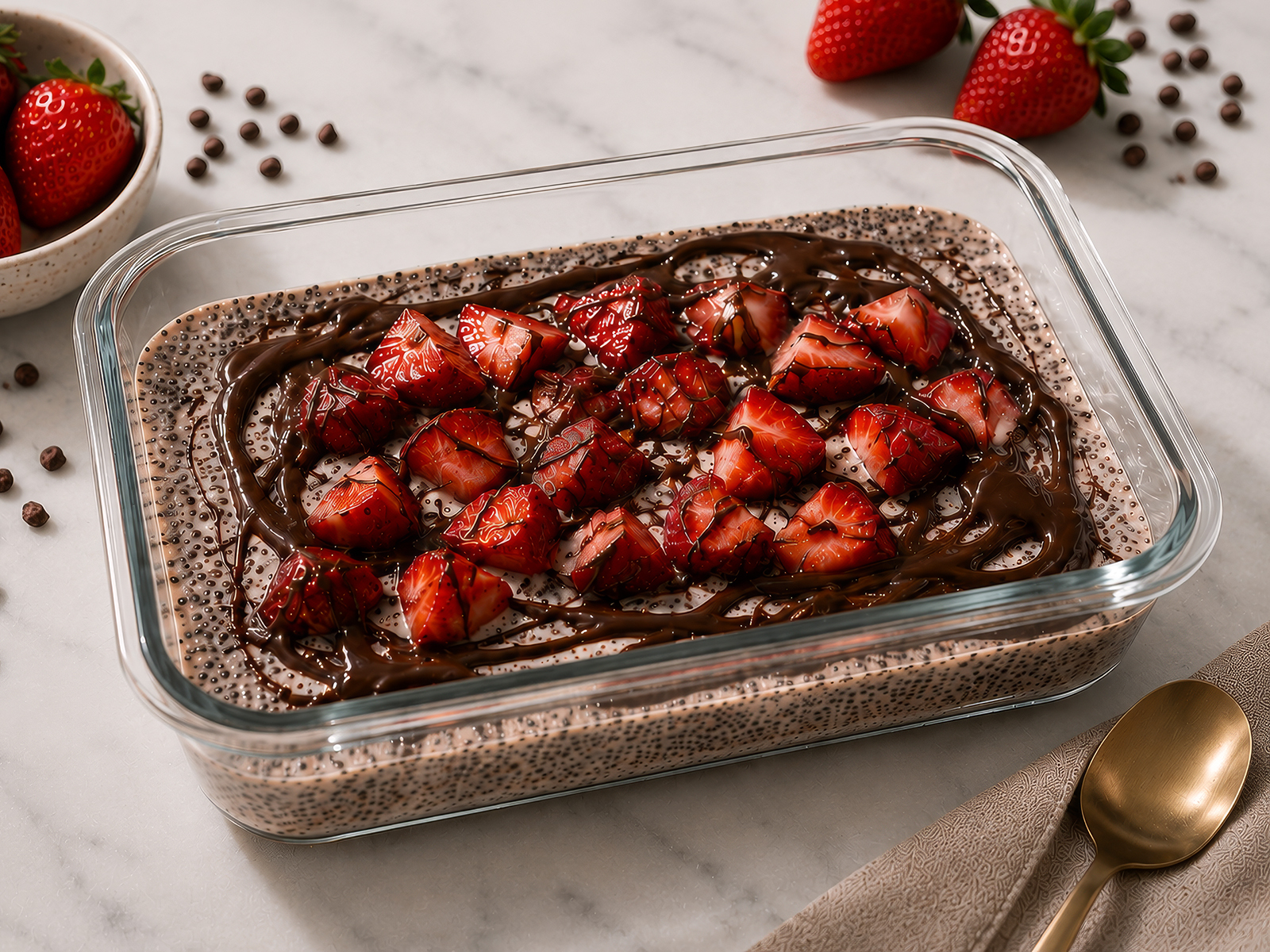 Chocolate-covered strawberry chia pudding topped with sliced strawberries and drizzled chocolate in a glass dish, with fresh strawberries and chocolate chips nearby.