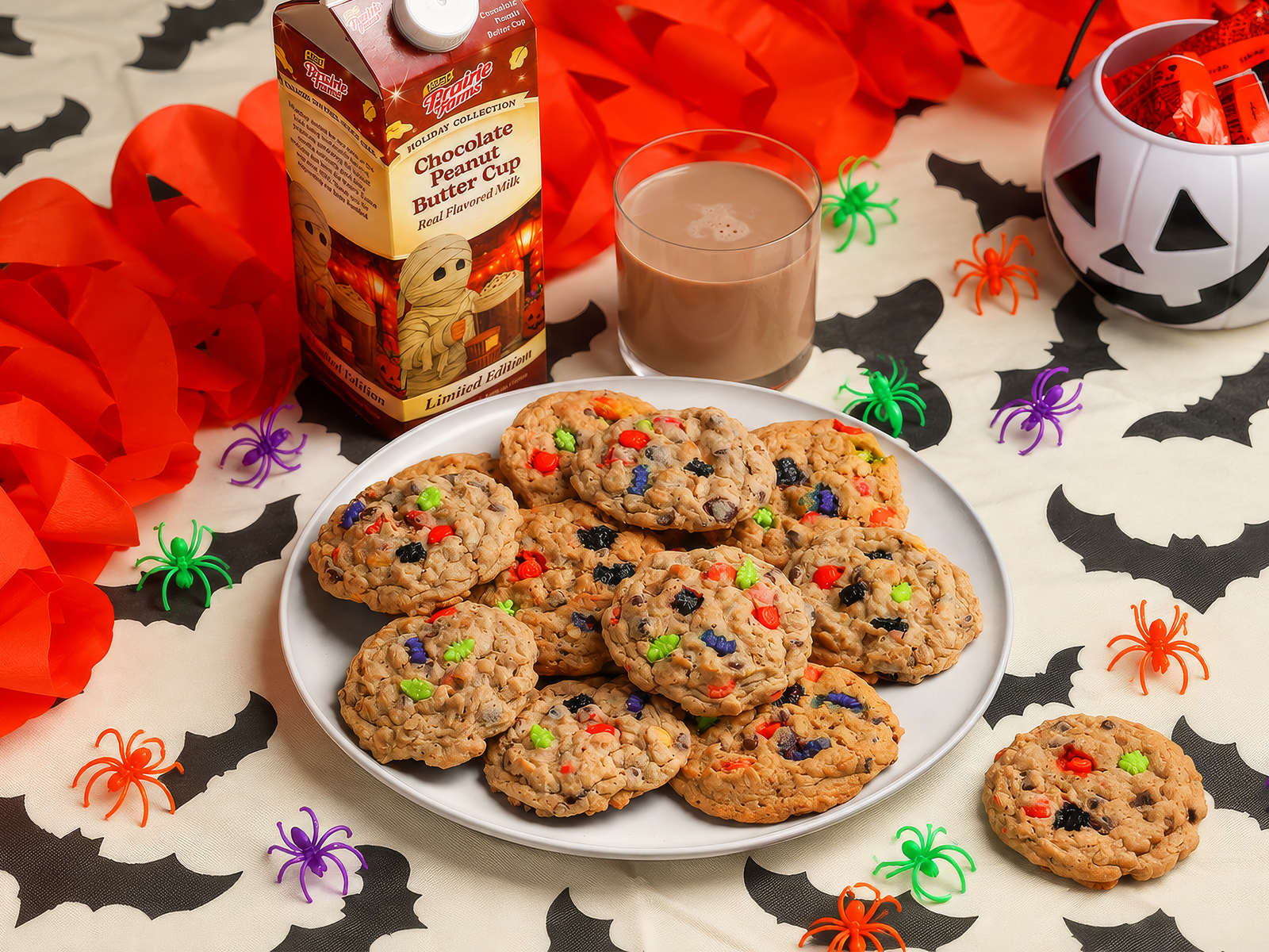 Chocolate peanut butter monster cookies filled with chocolate chips and colorful Halloween sprinkles, served with a glass of Prairie Farms Chocolate Peanut Butter Cup Milk among festive bats and spiders.