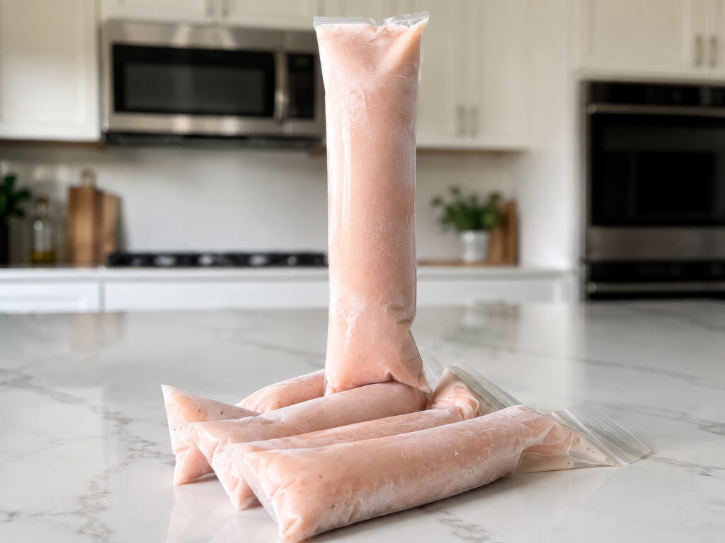 Strawberry banana milk freezer pops in clear sleeves, stacked on a white countertop with one pop standing upright in a bright kitchen.