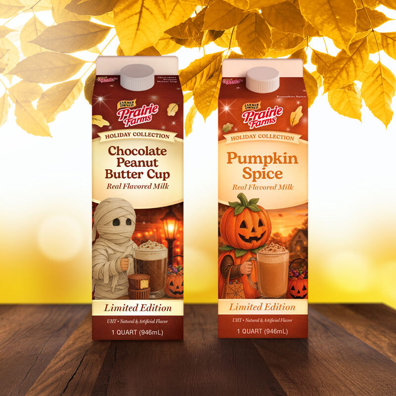 Prairie Farms Chocolate Peanut Butter Cup and Pumpkin Spice limited-edition flavored milk cartons against an autumn background.
