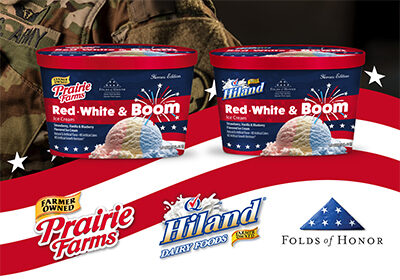 Prairie Farms and Hiland Red White & Boom ice cream containers displayed side by side with patriotic red, white, and blue packaging and tri-color ice cream scoop