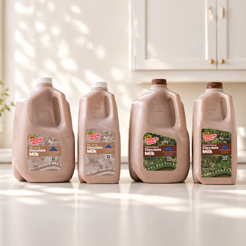 Four Prairie Farms chocolate milk jugs featuring Folds of Honor camouflage labels on a kitchen counter.