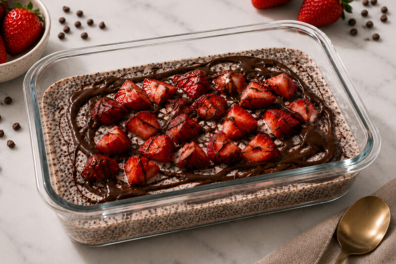 Chocolate-covered strawberry chia pudding topped with sliced strawberries and drizzled chocolate in a glass dish, with fresh strawberries and chocolate chips nearby.