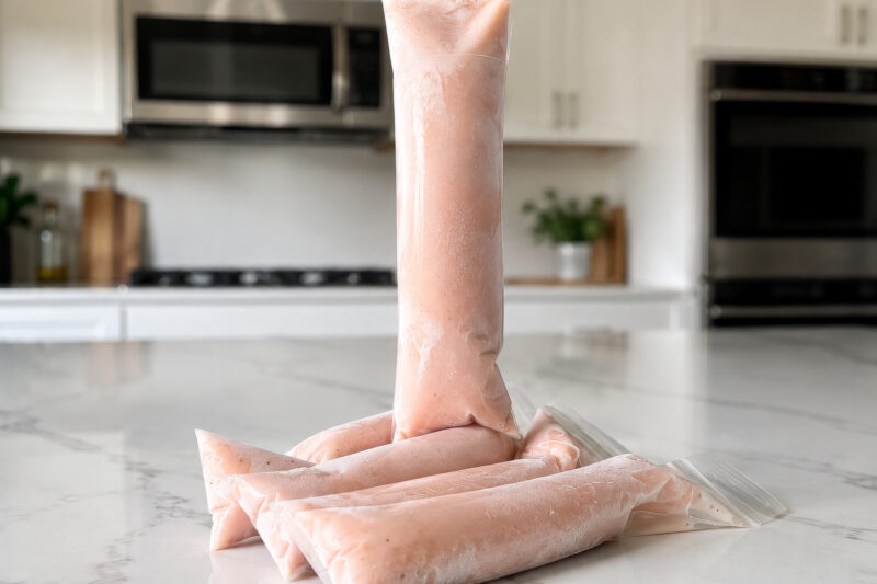 Strawberry banana milk freezer pops in clear sleeves, stacked on a white countertop with one pop standing upright in a bright kitchen.